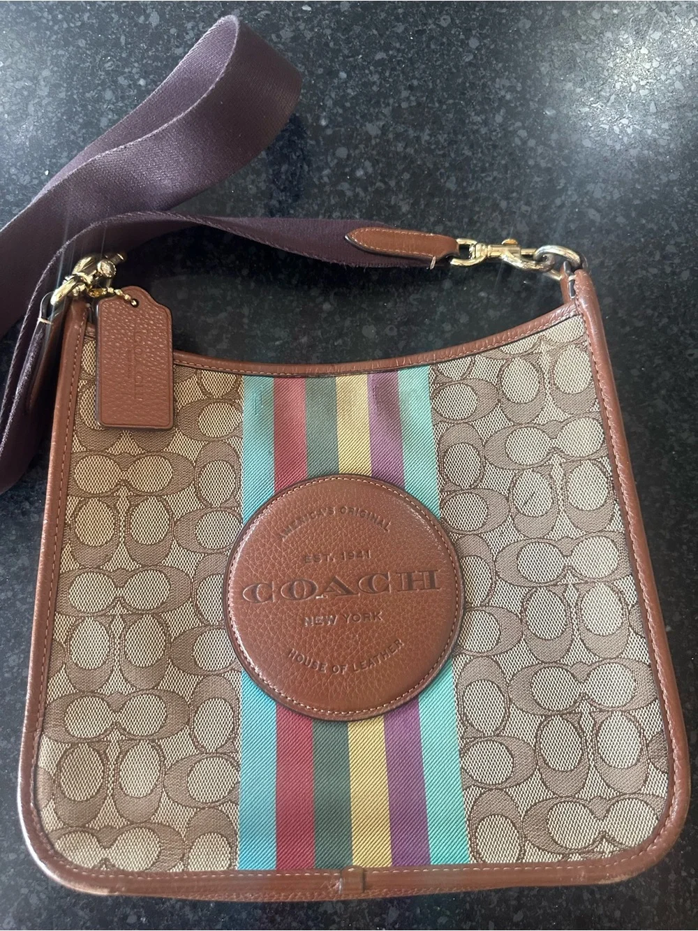 Coach Heritage Stripe Signature Crossbody Swingpack Khaki Brown